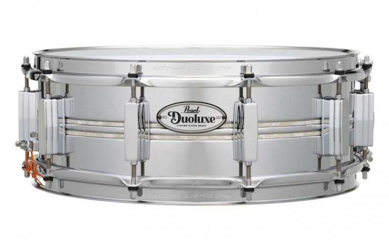 DUX1450BR 14x5 DuoLuxe Chrome Brass Snare Drum 405 Nicotine Marine Inlays